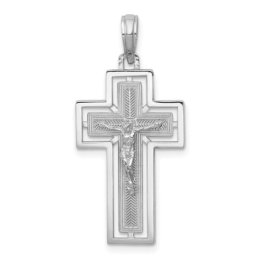 14k White Gold Textured Crucifix w/ Frame Charm