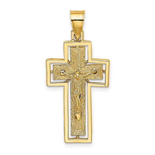 14k Yellow Gold Textured Crucifix w/ Frame Charm