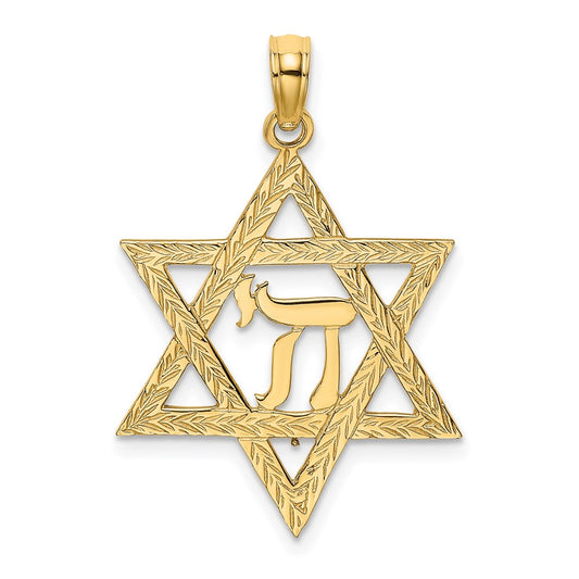 14K Yellow Gold Star Of David W/ Chi Center Charm