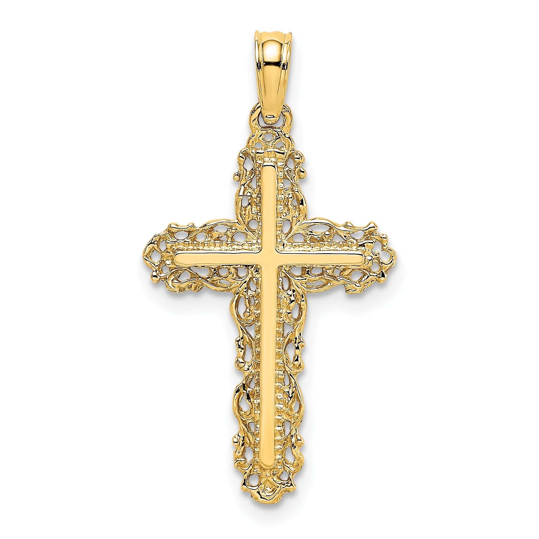 14K Yellow Gold Cross W/ Filigree Lace Trim Charm