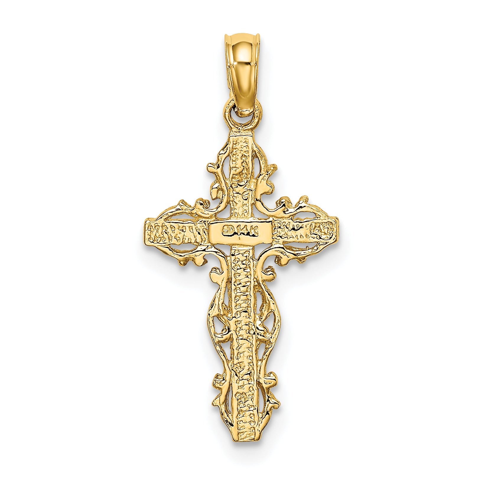 14K Yellow Gold Stick Cross W/ Lace Trim Charm