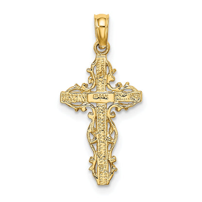 14K Yellow Gold Stick Cross W/ Lace Trim Charm
