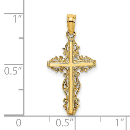14K Yellow Gold Stick Cross W/ Lace Trim Charm