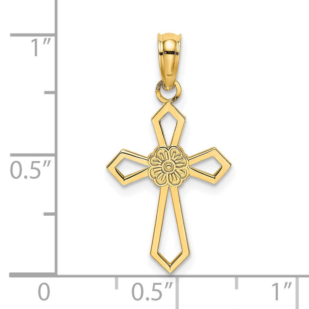14K Yellow Gold Cut-Out And Flat Cross W/ Flower Charm