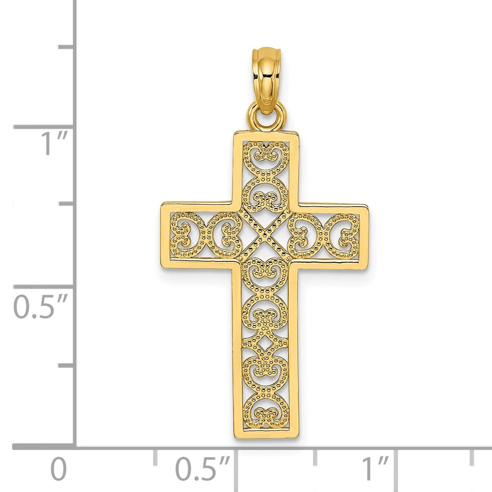 14K Yellow Gold Polished Square Cross W/ Heart Design Charm