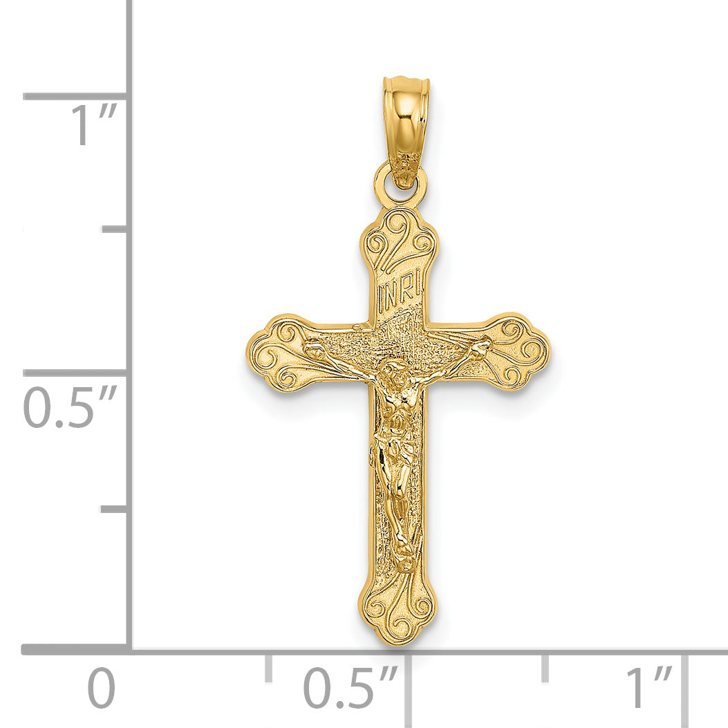 14K Yellow Gold Inri Crucifix W/ Scroll Tips Charm