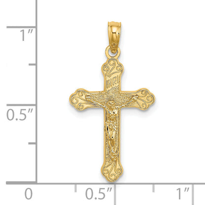 14K Yellow Gold Inri Crucifix W/ Scroll Tips Charm
