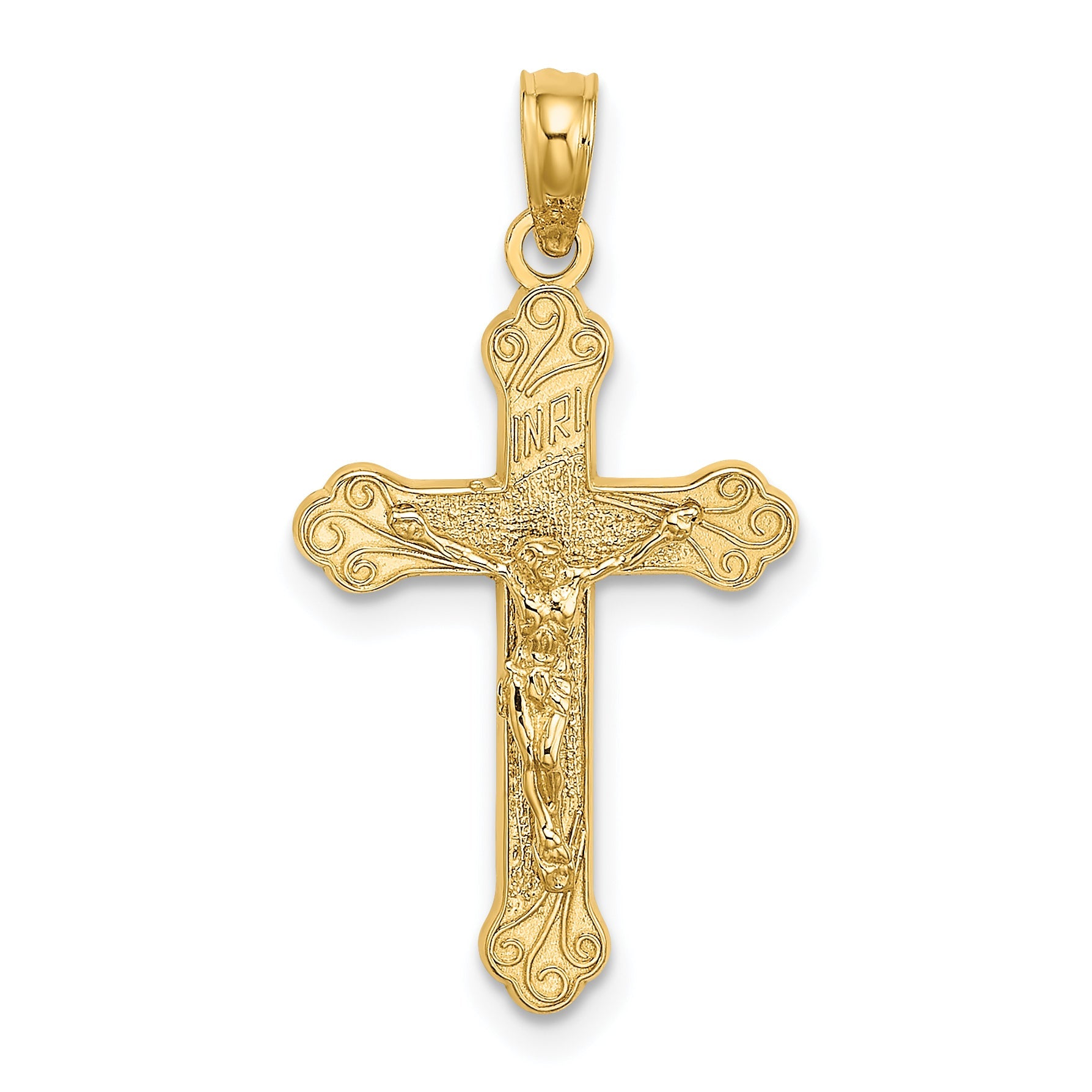 14K Yellow Gold Inri Crucifix W/ Scroll Tips Charm
