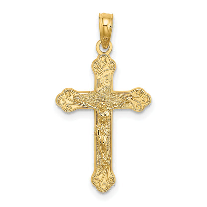 14K Yellow Gold Inri Crucifix W/ Scroll Tips Charm