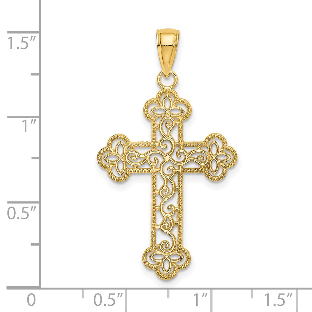 14K Yellow Gold Textured And Beaded Edge Cross Charm