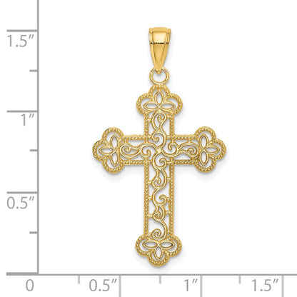 14K Yellow Gold Textured And Beaded Edge Cross Charm