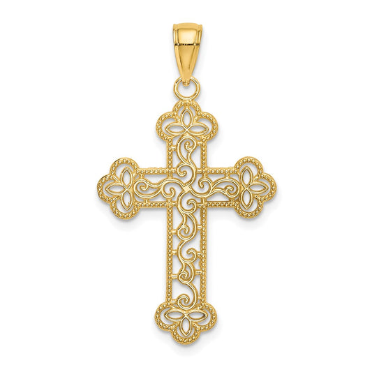 14K Yellow Gold Textured And Beaded Edge Cross Charm
