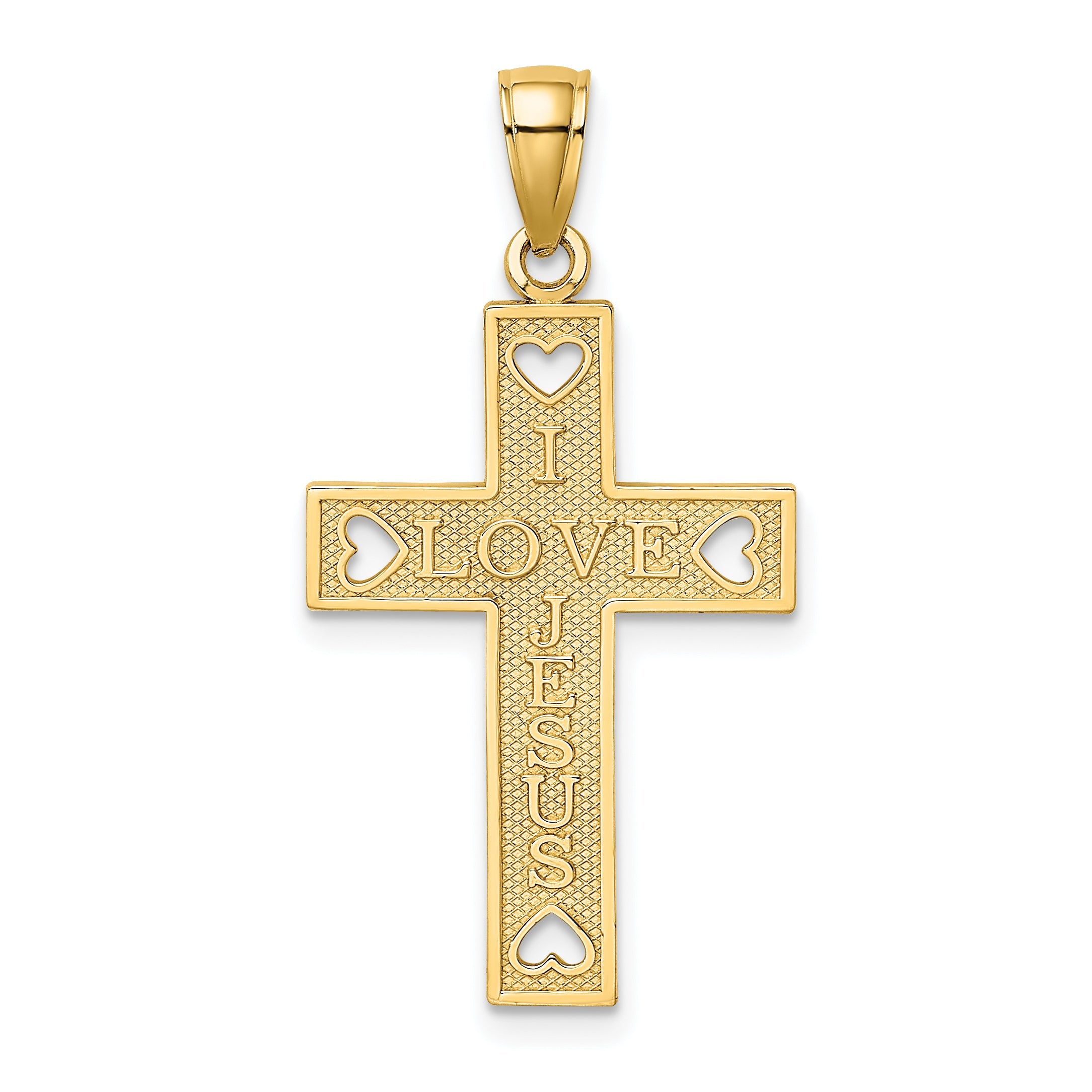 14K Yellow Gold I Love Jesus Cross W/ Hearts Charm