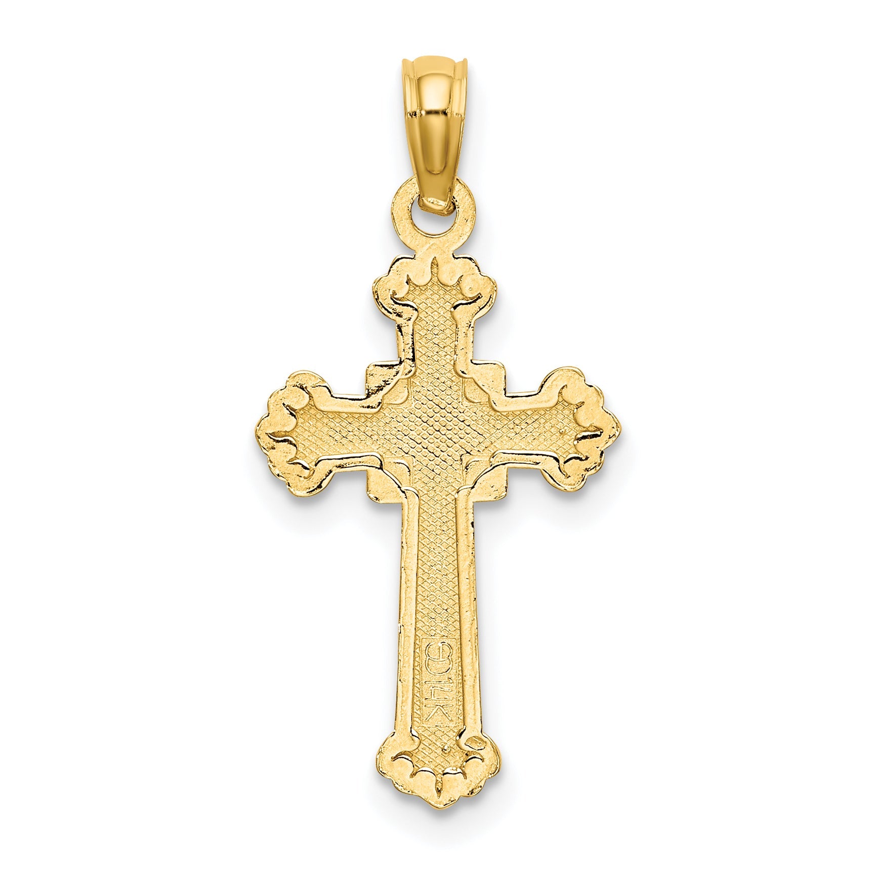 14K Yellow Gold Textured Leaves On Edges Cross Charm