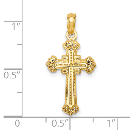 14K Yellow Gold Textured Leaves On Edges Cross Charm