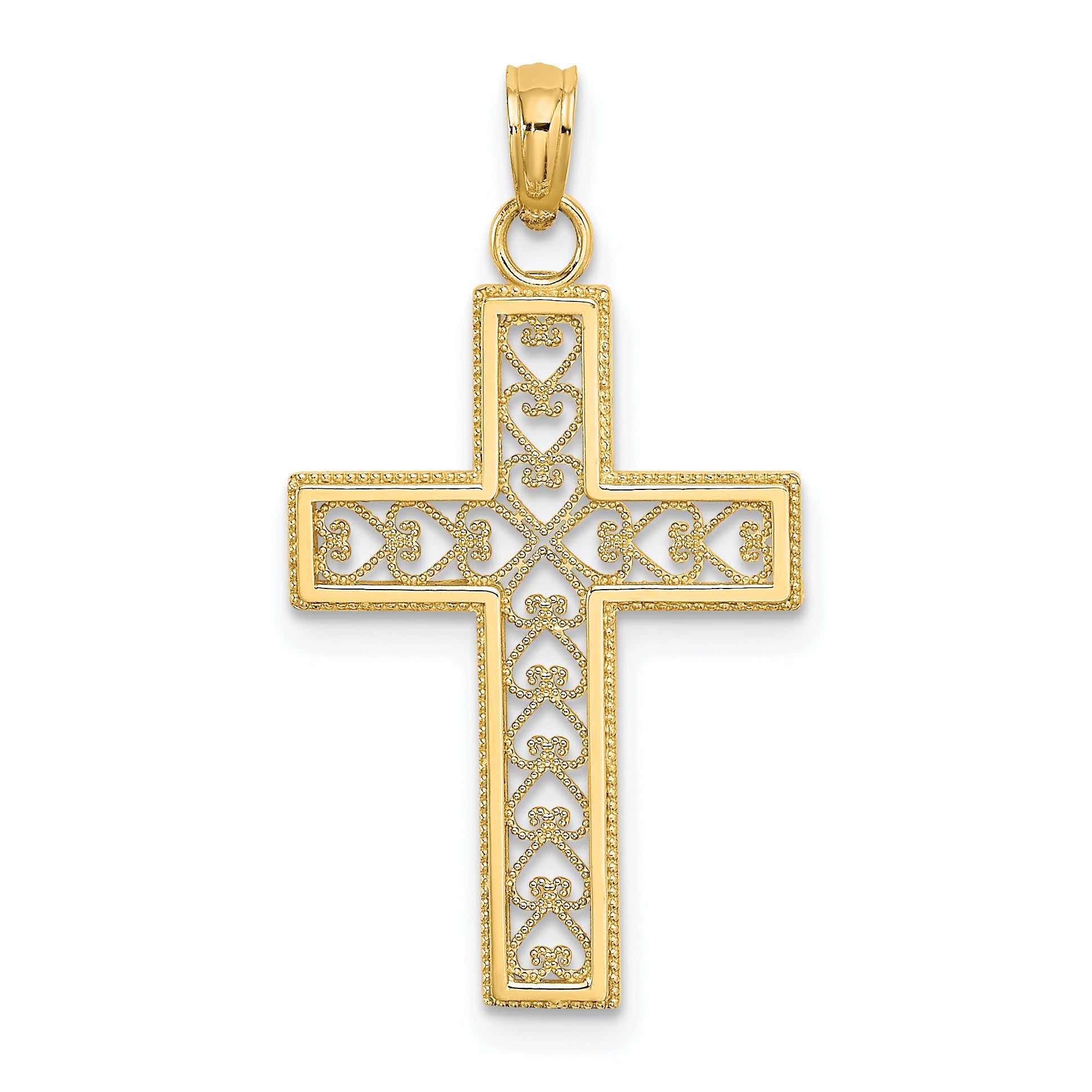 14K Yellow Gold Filigree Beaded Outline Cross Charm