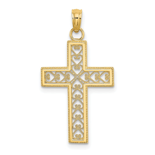 14K Yellow Gold Filigree Beaded Outline Cross Charm