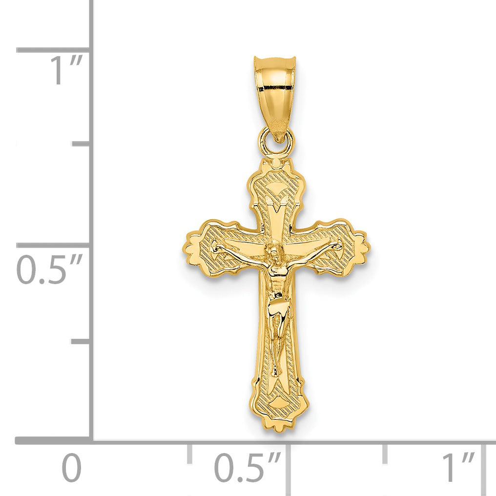 14K Yellow Gold W/ Textured Scalloped Edge Crucifix Charm