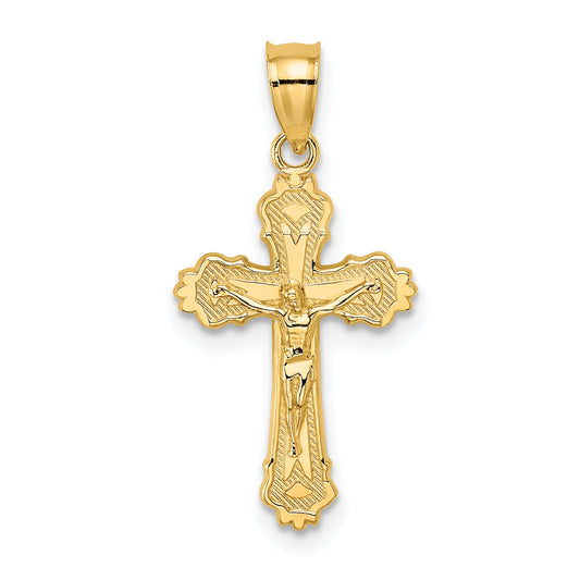 14K Yellow Gold W/ Textured Scalloped Edge Crucifix Charm