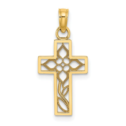 14K Yellow Gold Flower In Cross Charm