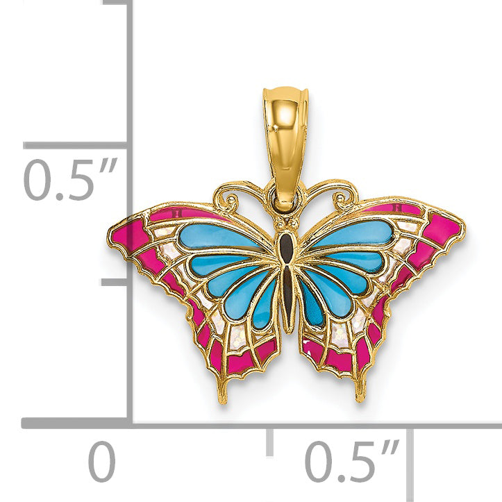 14K Yellow Gold Small Enameled Blue And Red Butterfly Charm