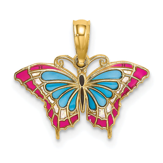 14K Yellow Gold Small Enameled Blue And Red Butterfly Charm