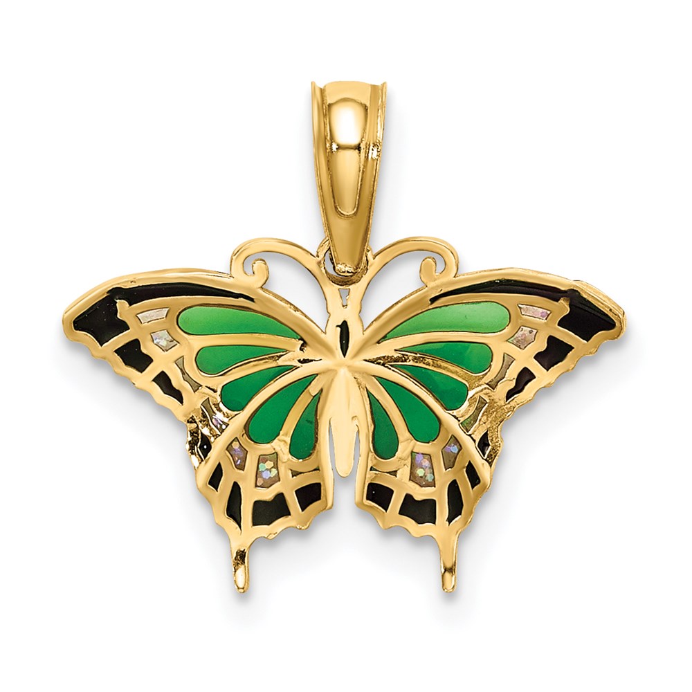 14K Yellow Gold Small Green Enameled Butterfly Charm