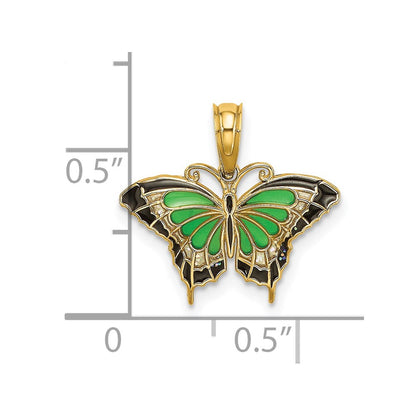 14K Yellow Gold Small Green Enameled Butterfly Charm