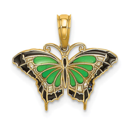 14K Yellow Gold Small Green Enameled Butterfly Charm
