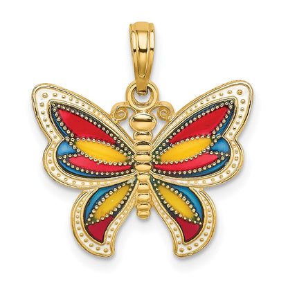 14K Yellow Gold W/Multi-Color Enameled Beaded Wings Butterfly Charm