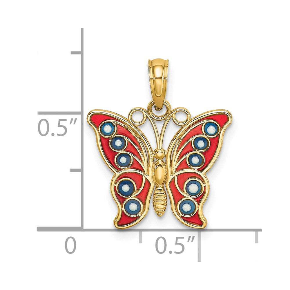 14K Yellow Gold W/ Red And Blue Enamel Filigree Butterfly Charm