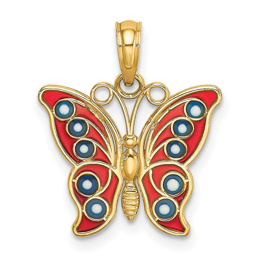 14K Yellow Gold W/ Red And Blue Enamel Filigree Butterfly Charm