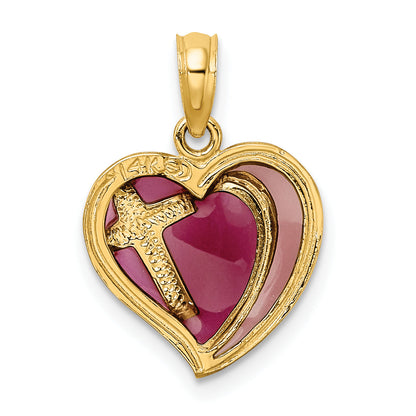14K Yellow Gold W/ Purple Enamel Cross Heart Charm