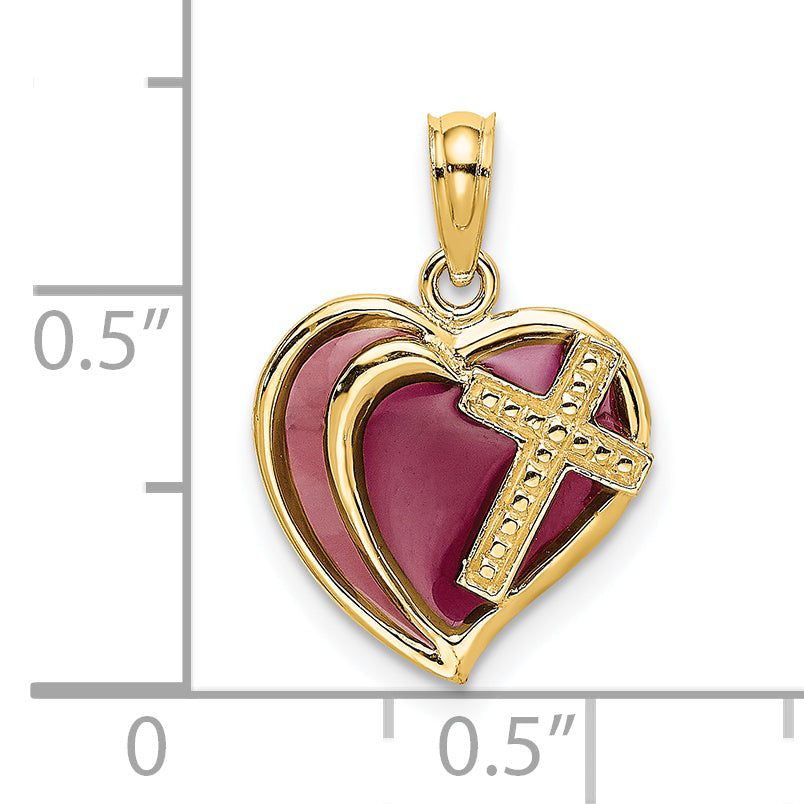 14K Yellow Gold W/ Purple Enamel Cross Heart Charm