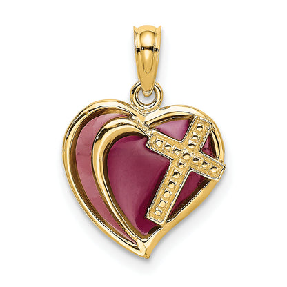 14K Yellow Gold W/ Purple Enamel Cross Heart Charm
