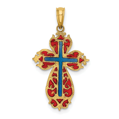 14K Yellow Gold W/ Blue And Red Enameled Cross Charm