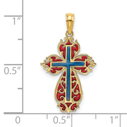 14K Yellow Gold W/ Blue And Red Enameled Cross Charm