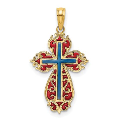 14K Yellow Gold W/ Blue And Red Enameled Cross Charm