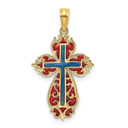 14K Yellow Gold W/ Blue And Red Enameled Cross Charm
