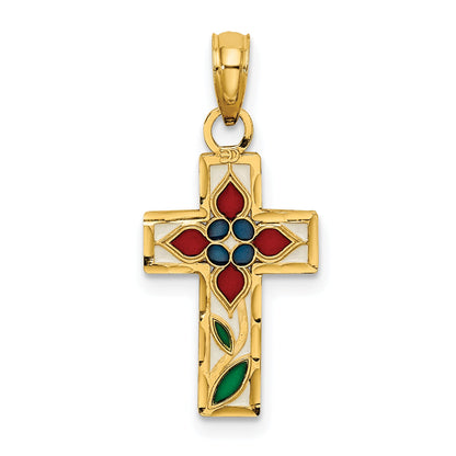 14K Yellow Gold Enameled W/ Flower Cross Charm