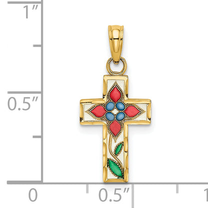 14K Yellow Gold Enameled W/ Flower Cross Charm