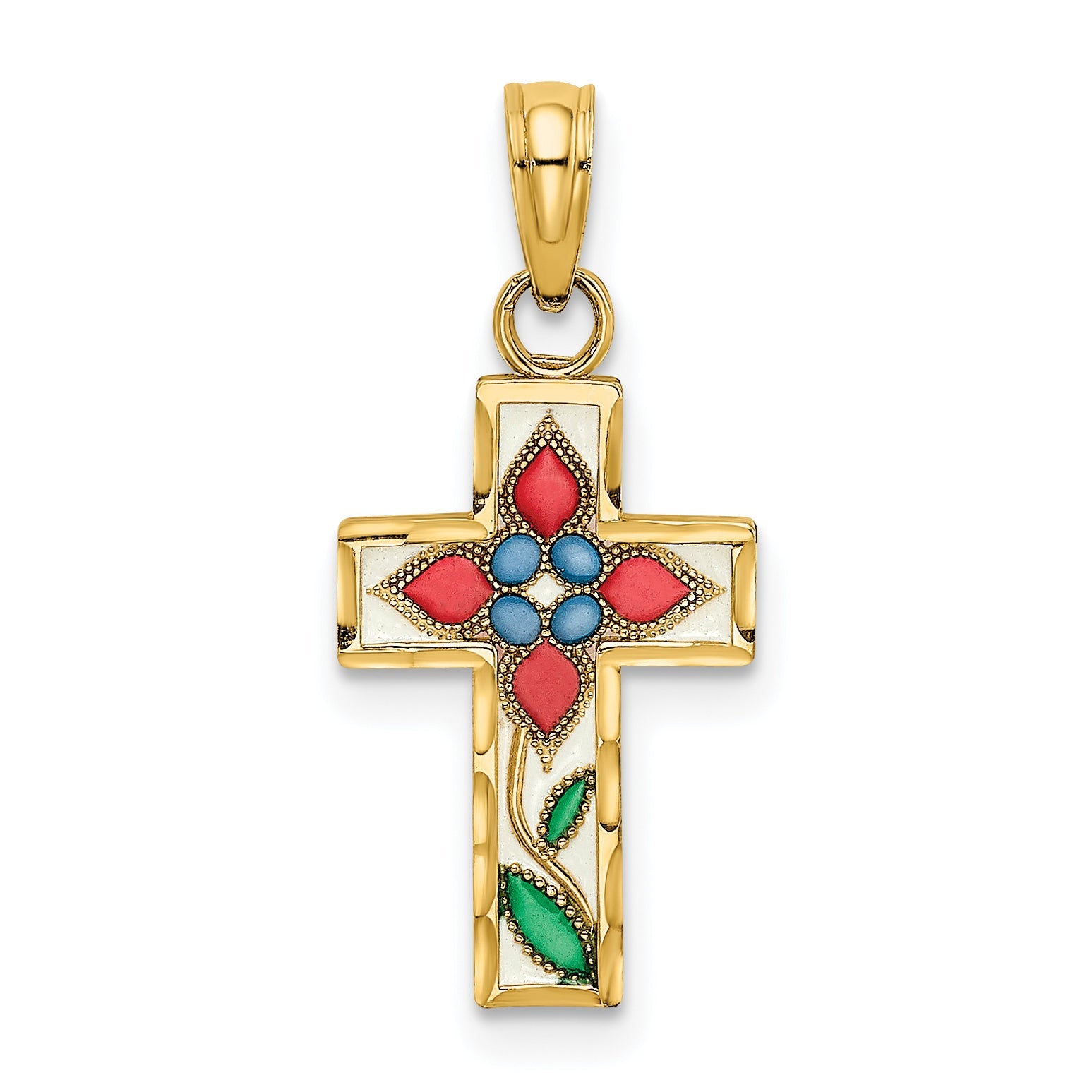 14K Yellow Gold Enameled W/ Flower Cross Charm