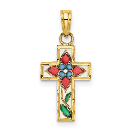14K Yellow Gold Enameled W/ Flower Cross Charm