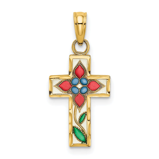 14K Yellow Gold Enameled W/ Flower Cross Charm