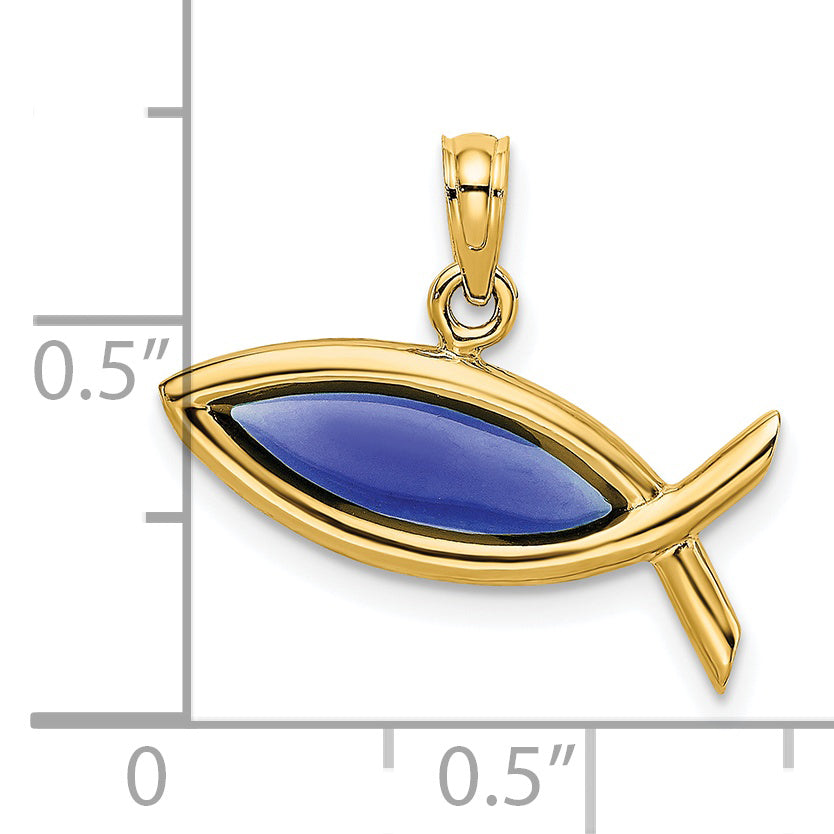 14K Yellow Gold Horizontal Blue Enameled Ichthus Charm
