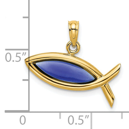 14K Yellow Gold Horizontal Blue Enameled Ichthus Charm