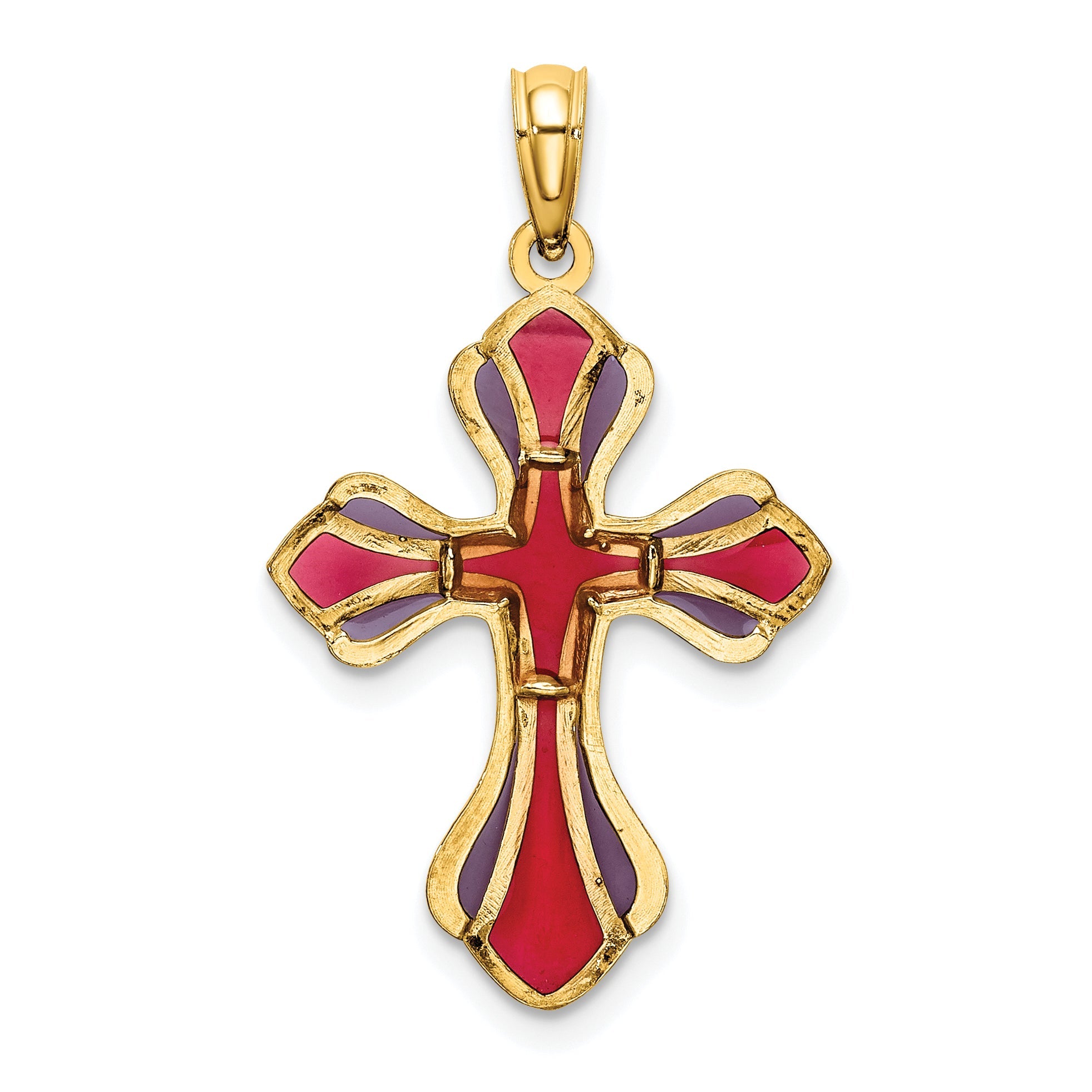 14K Yellow Gold Pink And Purple Enameled Cross Charm