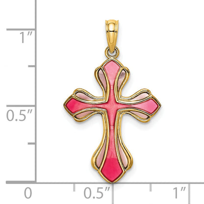 14K Yellow Gold Pink And Purple Enameled Cross Charm