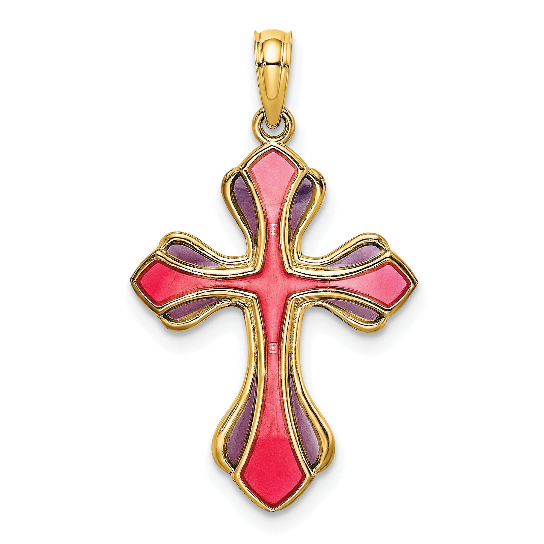 14K Yellow Gold Pink And Purple Enameled Cross Charm