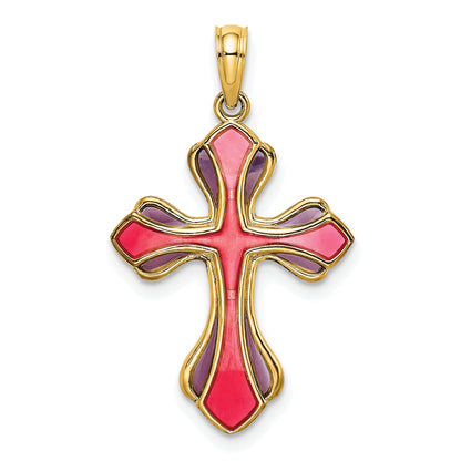 14K Yellow Gold Pink And Purple Enameled Cross Charm